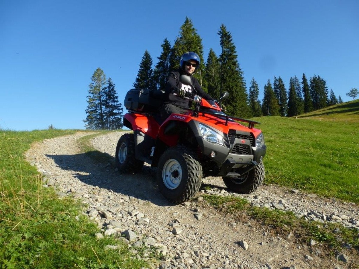 riding a red quad near pine trees