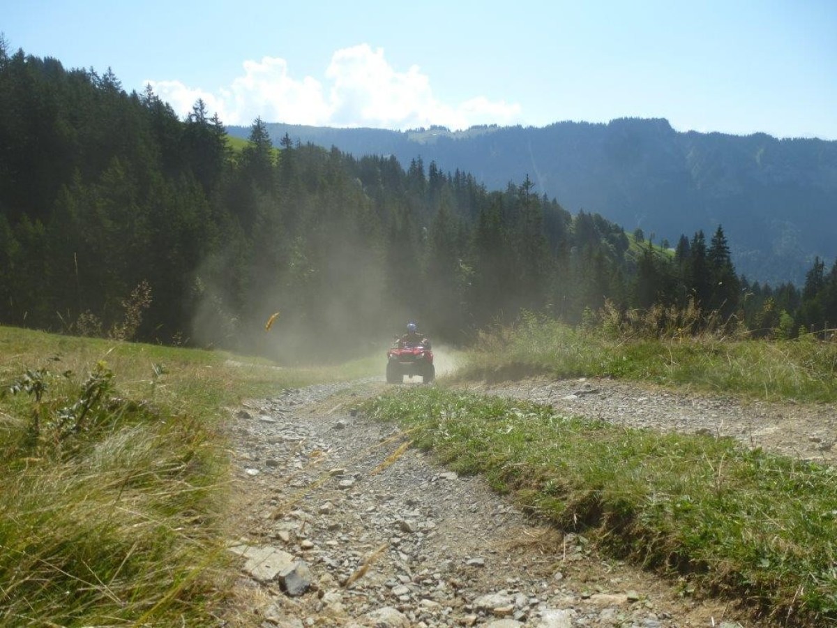 man surrounded by dust while riding a quad