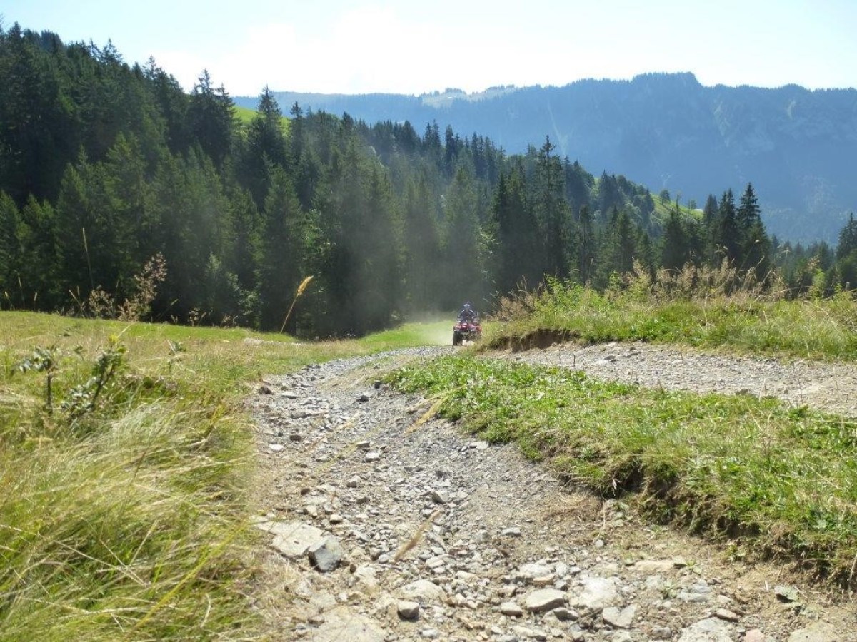 man riding a quad through Swiss fields